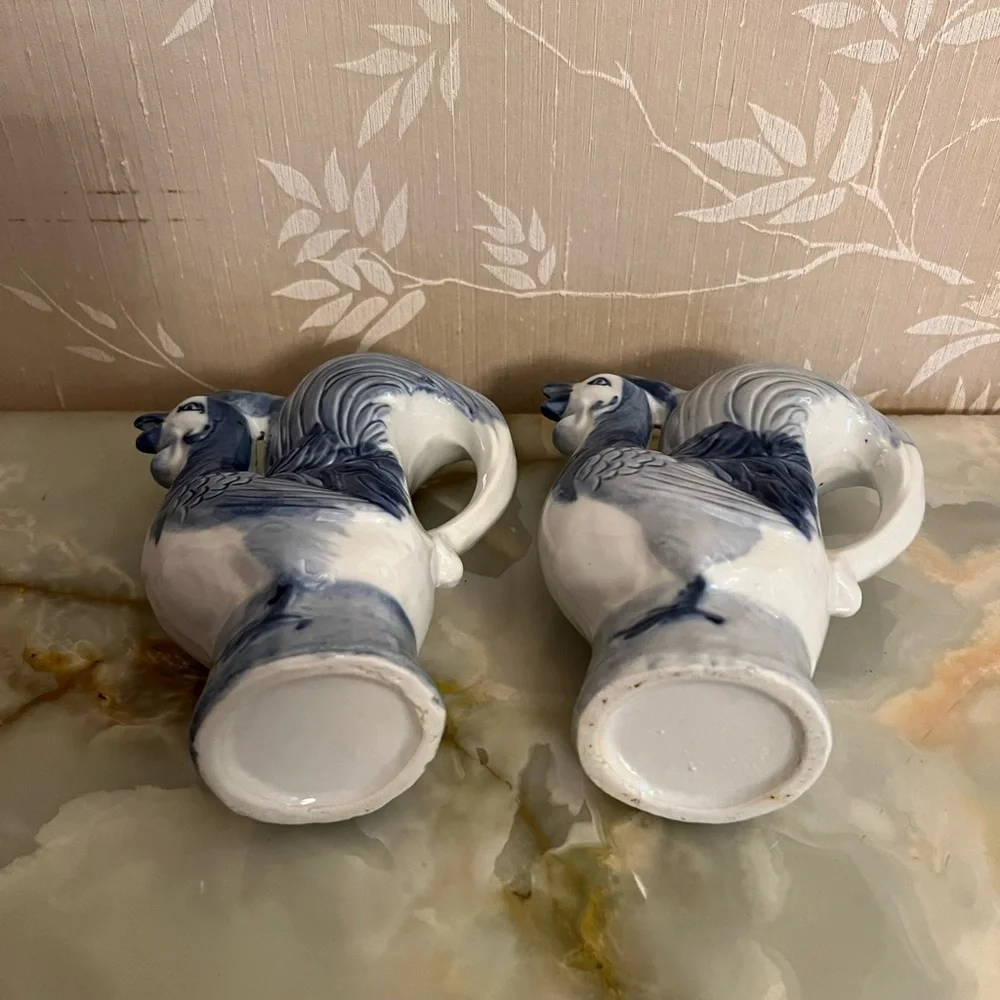 Vintage Blue & White Ceramic Rooster Pitcher or Vase